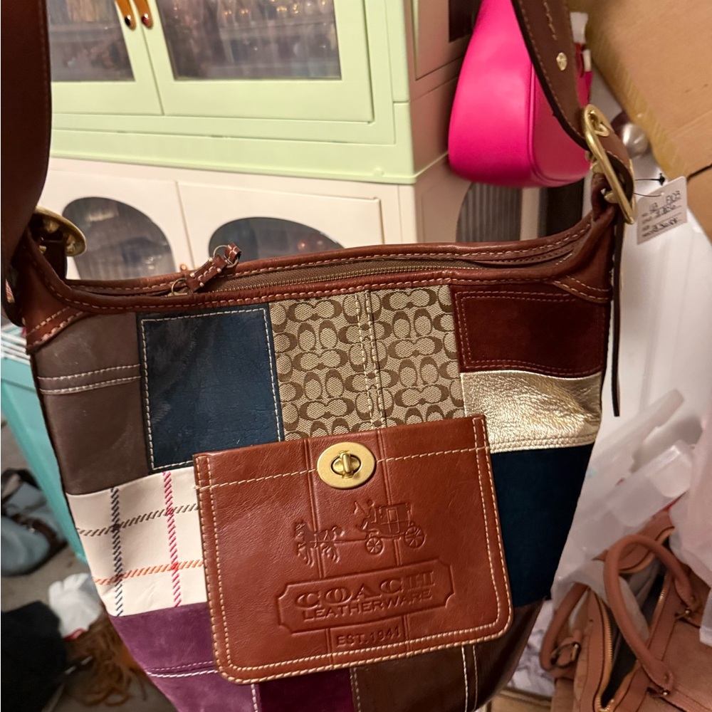 Coach limited edition holiday Patchwork Shoulder Bag - Brown, Blue, Gold